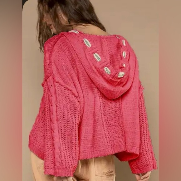 POL Sweaters - POL Pink Oversized Cropped Chenille Hoodie Sweater